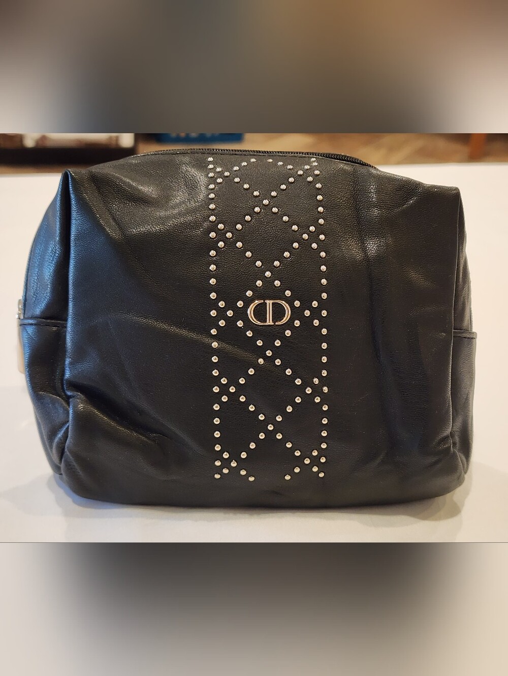 Dior Black Leather Cosmetic Pouch with Studded CD Emblem